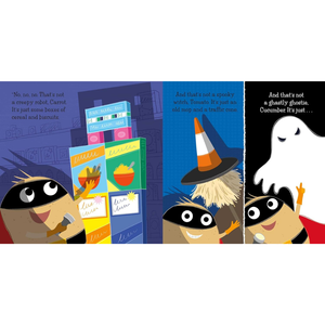 Illustrated book page with characters in costumes and text, featuring a ghost, witch, and robot.