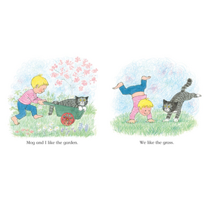 Illustration of two children playing with a cat in a garden