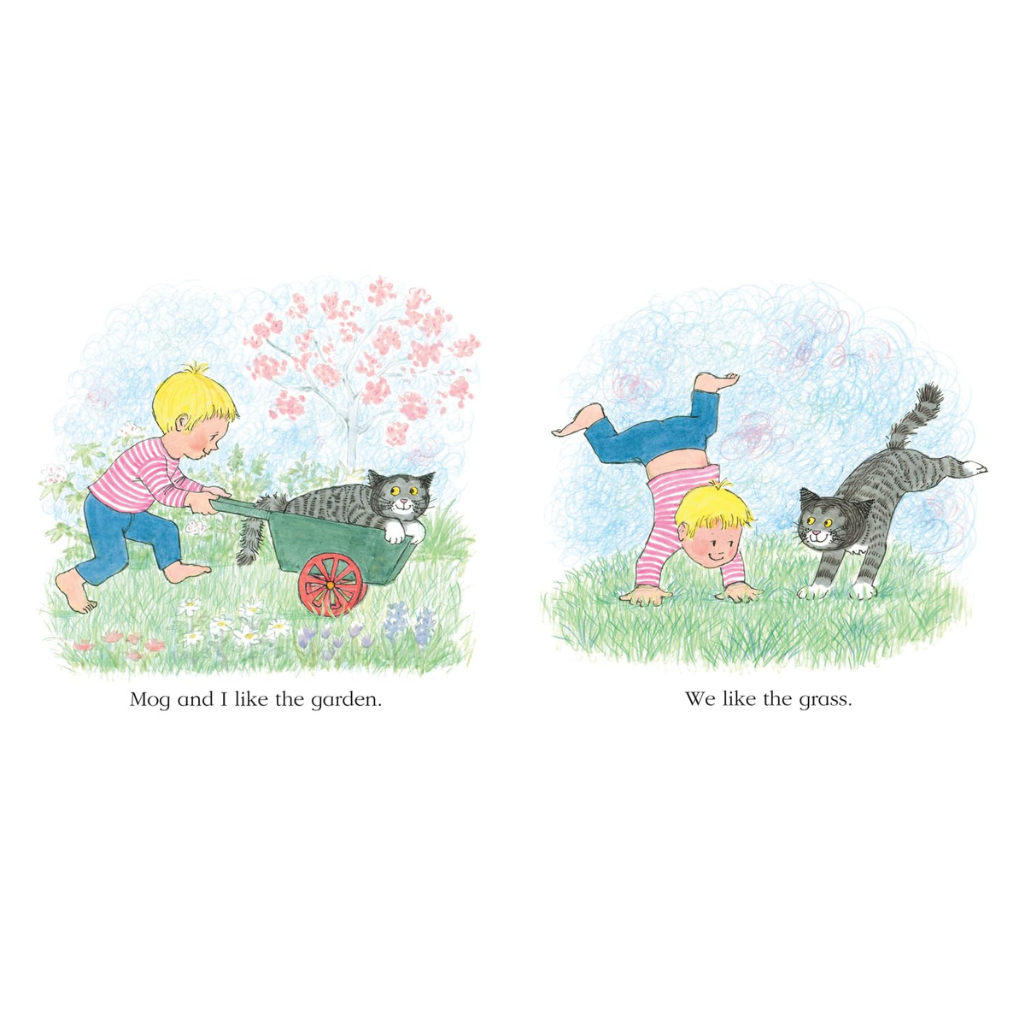Illustration of two children playing with a cat in a garden