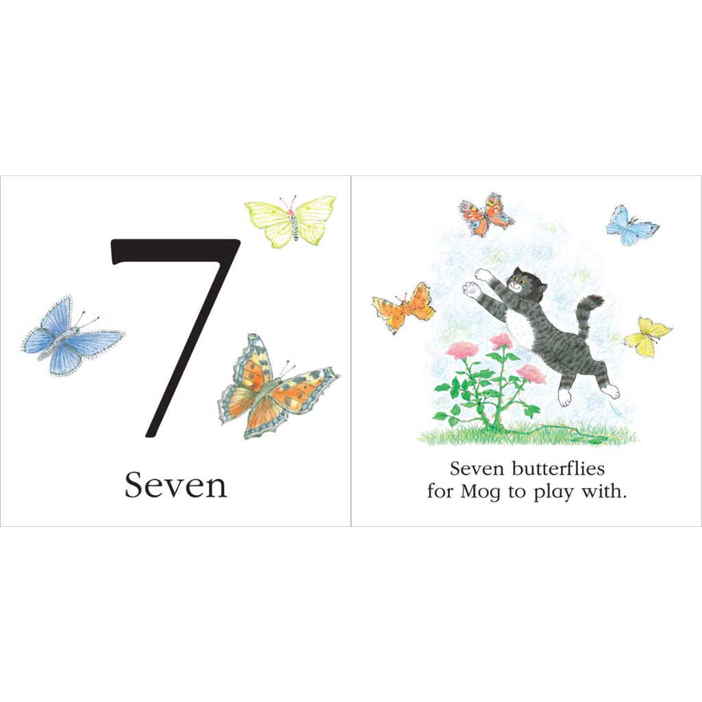 Illustration of a cat and butterflies on a book page with the number 7 and text.