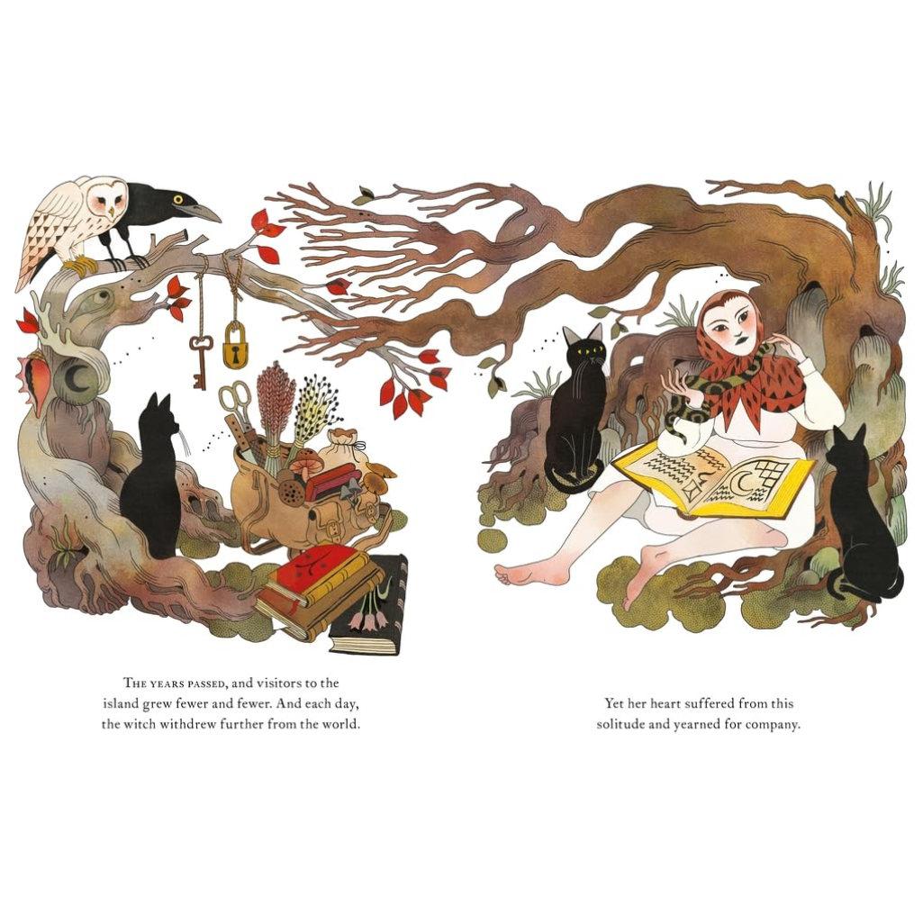 Illustration of a witch on an island with cats and a tree, featuring text.