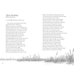 Page from a book with a poem titled 'Boat Stealing' by William Wordsworth, featuring text and illustrations of a lake and trees.