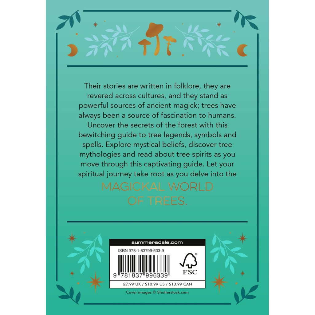 Book back cover with text about tree legends and mysticism, featuring a teal background and decorative elements.