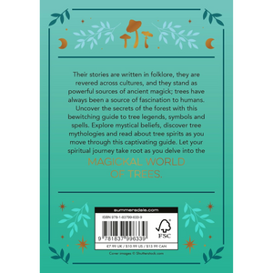 Book back cover with text about tree legends and mysticism, featuring a teal background and decorative elements.