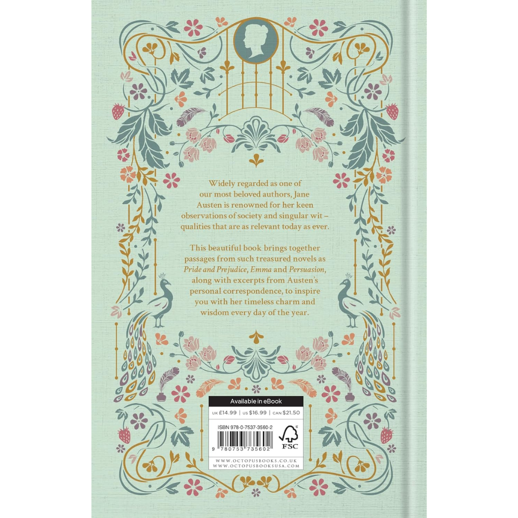 Decorative book back cover with floral and peacock designs on a light green background