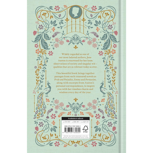 Decorative book back cover with floral and peacock designs on a light green background
