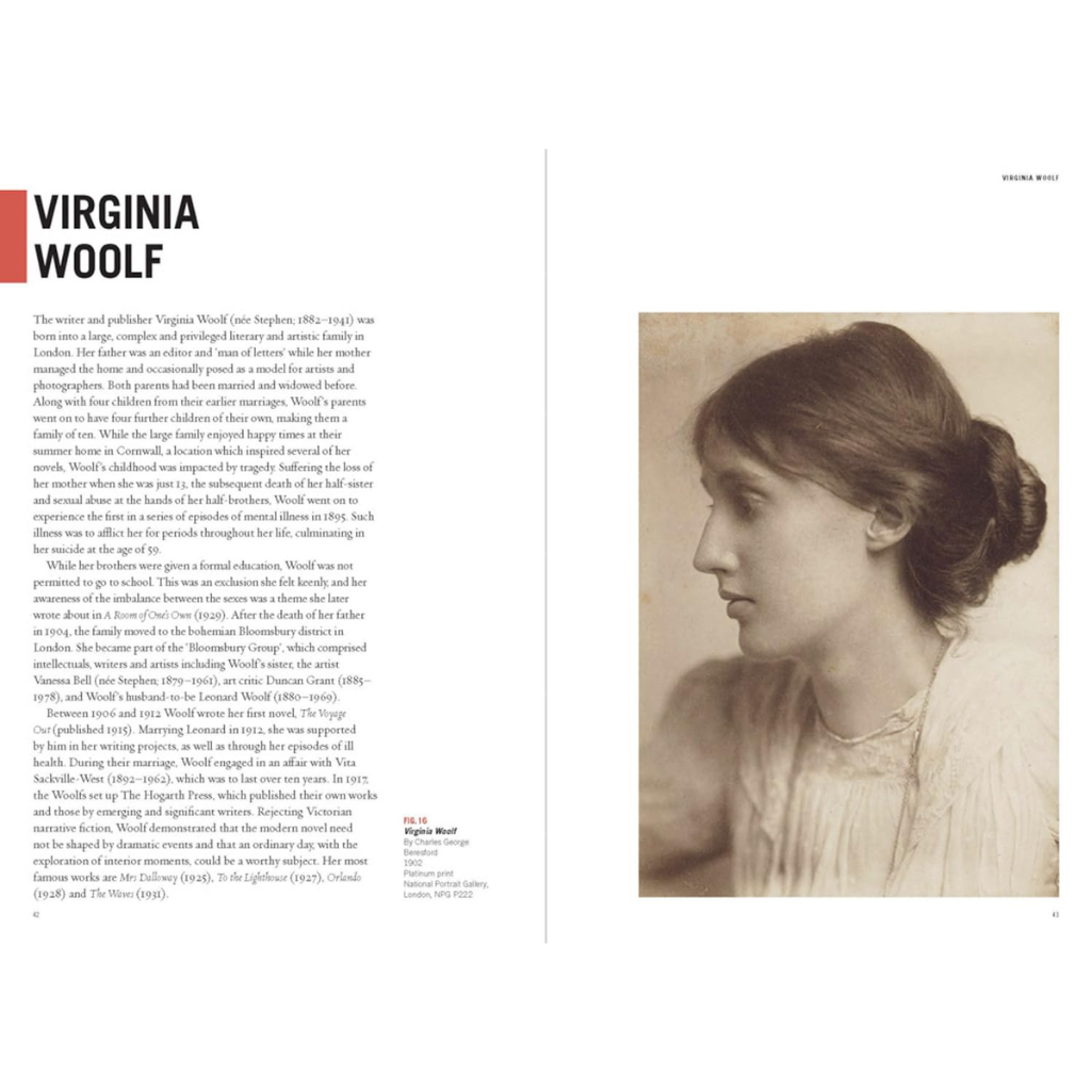 Portrait of Virginia Woolf with text on the left side