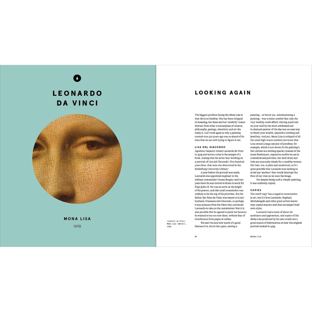 Book page featuring Leonardo da Vinci's 'Mona Lisa' with text on a light blue background