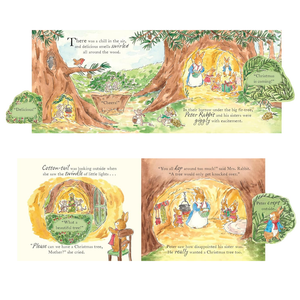 Illustrated Christmas scene with characters and text, featuring a snowy landscape and festive elements.
