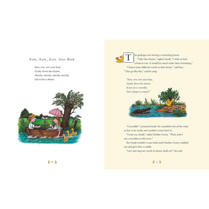 Illustrated children's book page with a boat, tree, and ducks on a yellow background