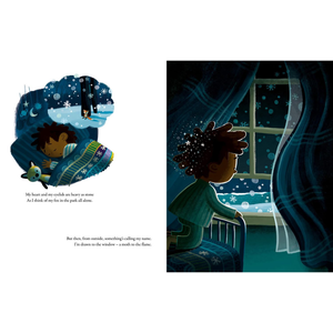 Illustration of a child looking out a window at night with stars, accompanied by text.