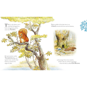 Illustrated book page with a squirrel in a tree and a bear by a lake.