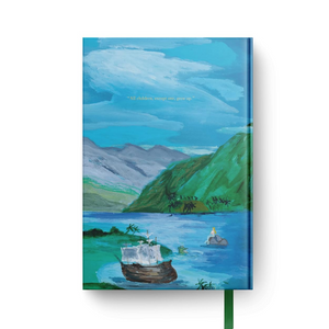 Notebook cover with a painting of a boat on water and mountains in the background