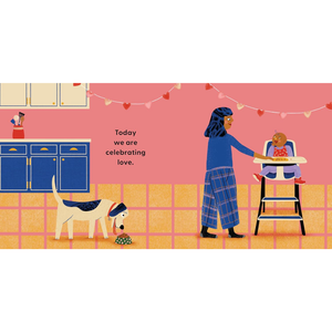 Illustration of a woman with a child in a high chair and a dog in a kitchen.