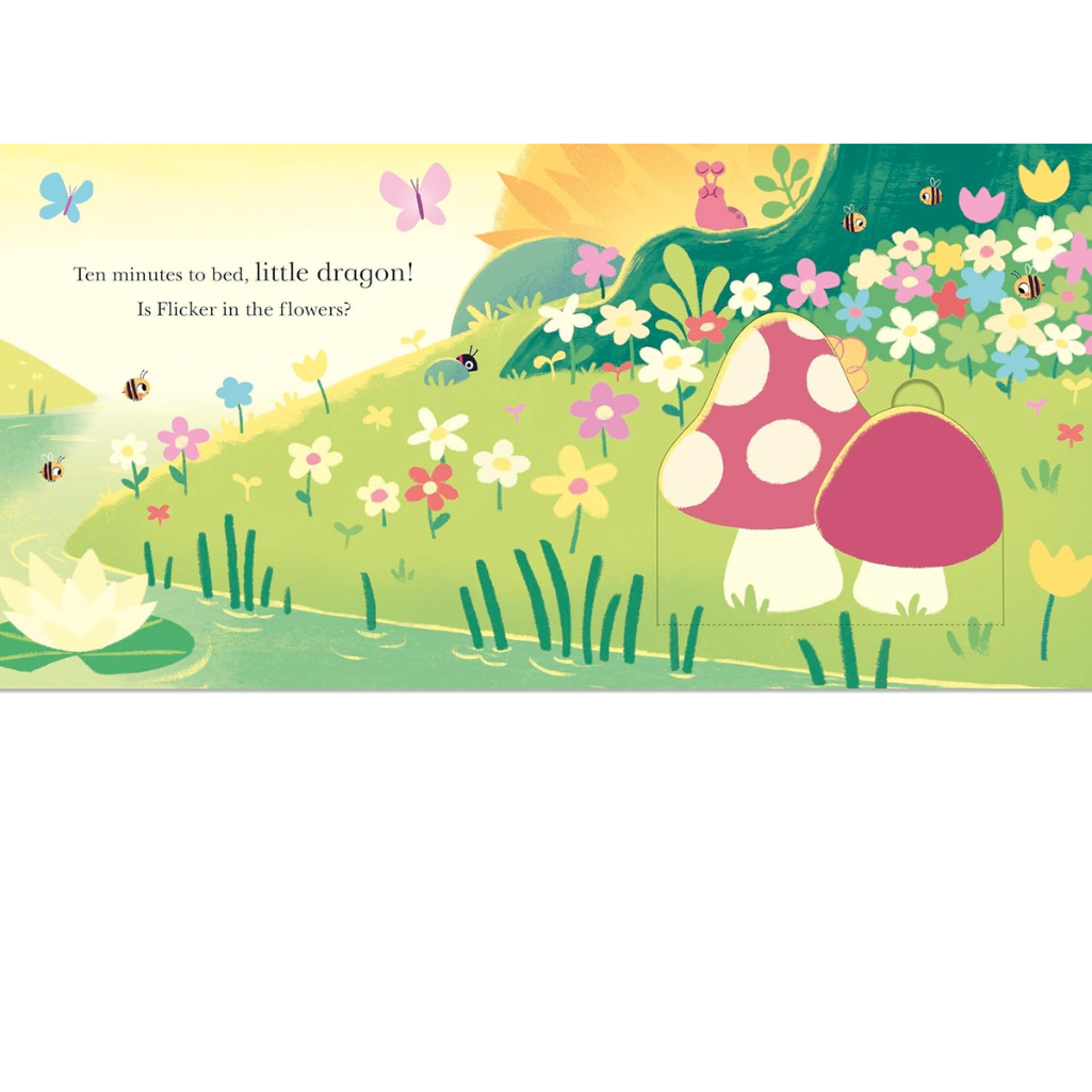 Illustration of a dragon in a garden with flowers and a butterfly.