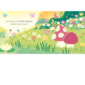 Illustration of a dragon in a garden with flowers and a butterfly.