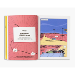 Open book with comic book panels on a white background