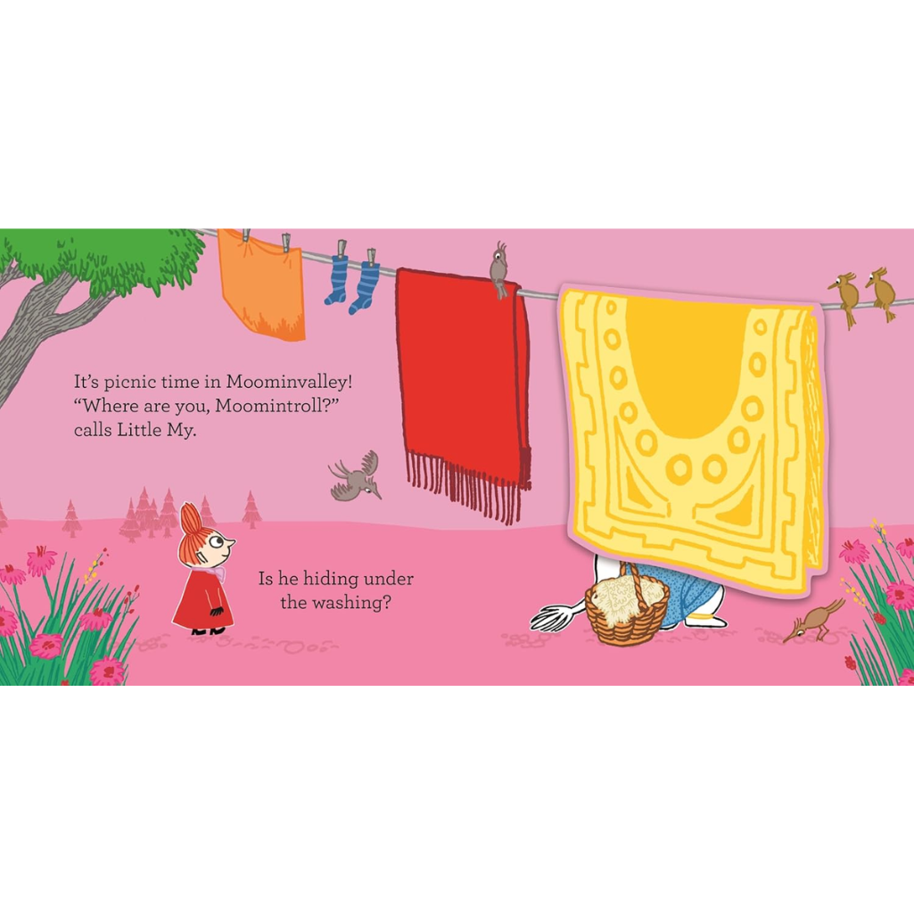 Illustration from a children's book with colorful towels and characters on a pink background