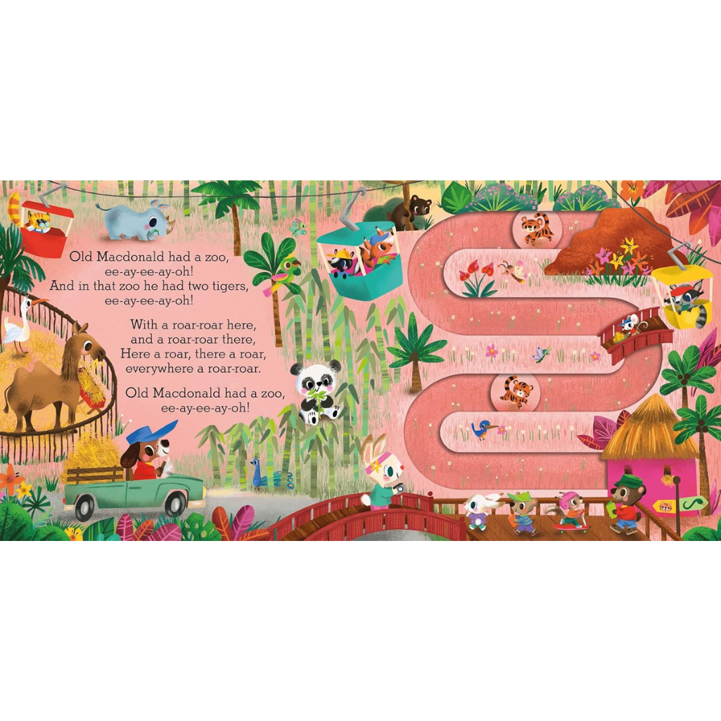 Illustrated children's book page with a jungle theme and text.