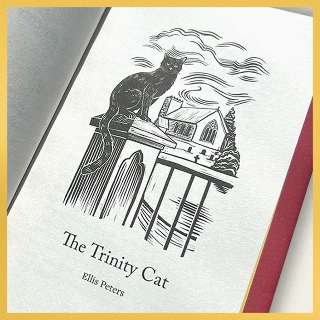 Book cover of 'The Trinity Cat' by Ellis Peters with a black and white illustration of a cat on a roof.