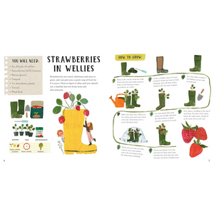 Illustration guide on growing strawberries in wellies with text and graphics.