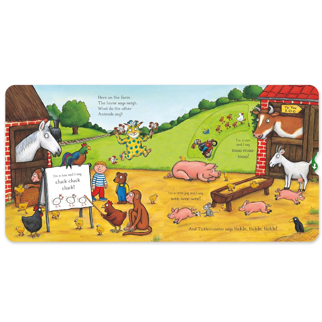 Illustrated farm scene with animals and children, featuring a colorful and playful design.