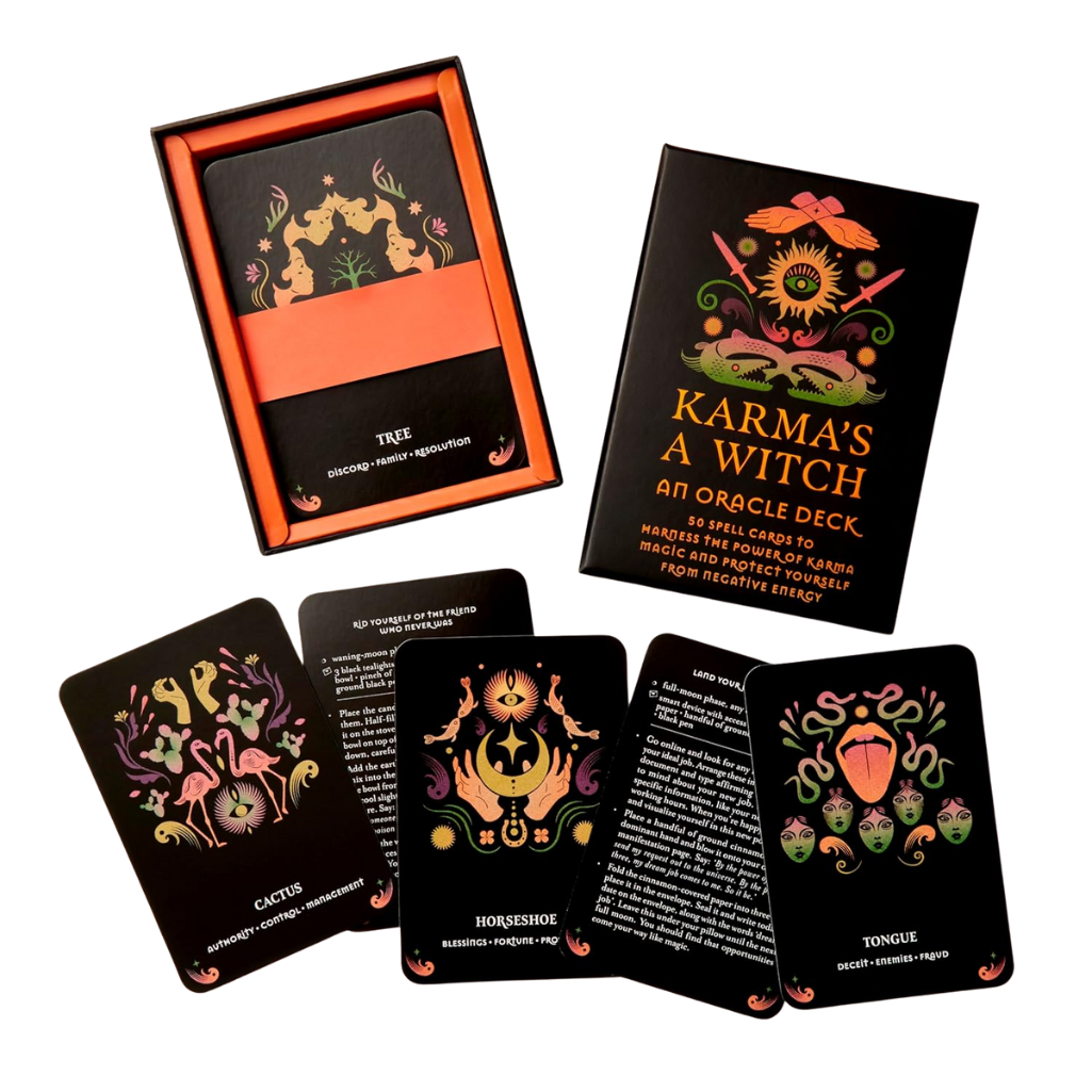 Karma's A Witch oracle deck with cards and box on a white background