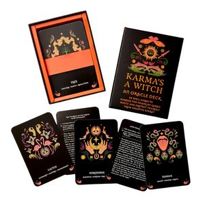 Karma's A Witch oracle deck with cards and box on a white background