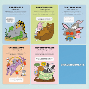 Set of educational flashcards with cartoon animals and words on a blue background