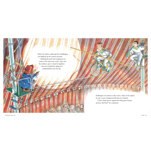 Illustration from a children's book showing two acrobats on stilts and a trapeze artist in a circus setting.