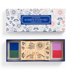 William Morris rubber stamp set with floral and bird design packaging