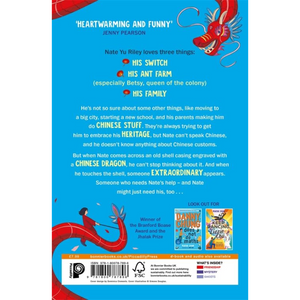 Book back cover with text and illustrations of a boy and dragons on a blue background