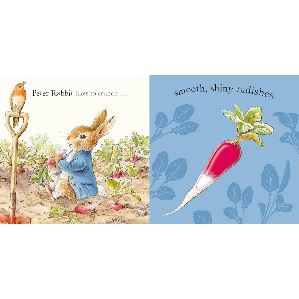 Illustration of Peter Rabbit and a radish with text on a white background