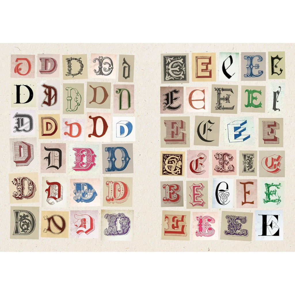 Collection of vintage-style letter stamps with 'D' and 'E' on a beige background