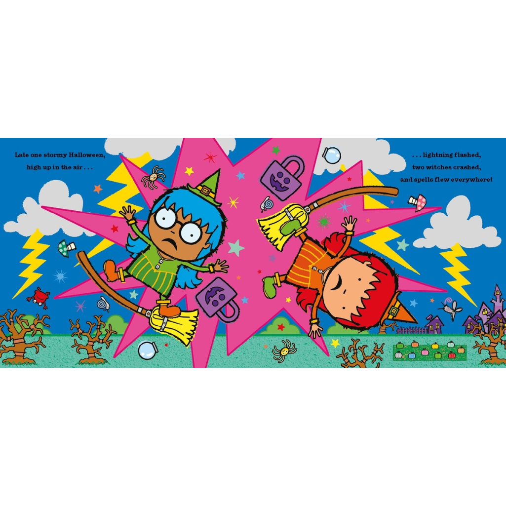 Colorful illustration of two cartoon characters on brooms with a star background