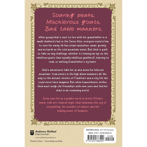 Book back cover with text about a young girl's adventures in the Swiss Alps, featuring decorative elements.