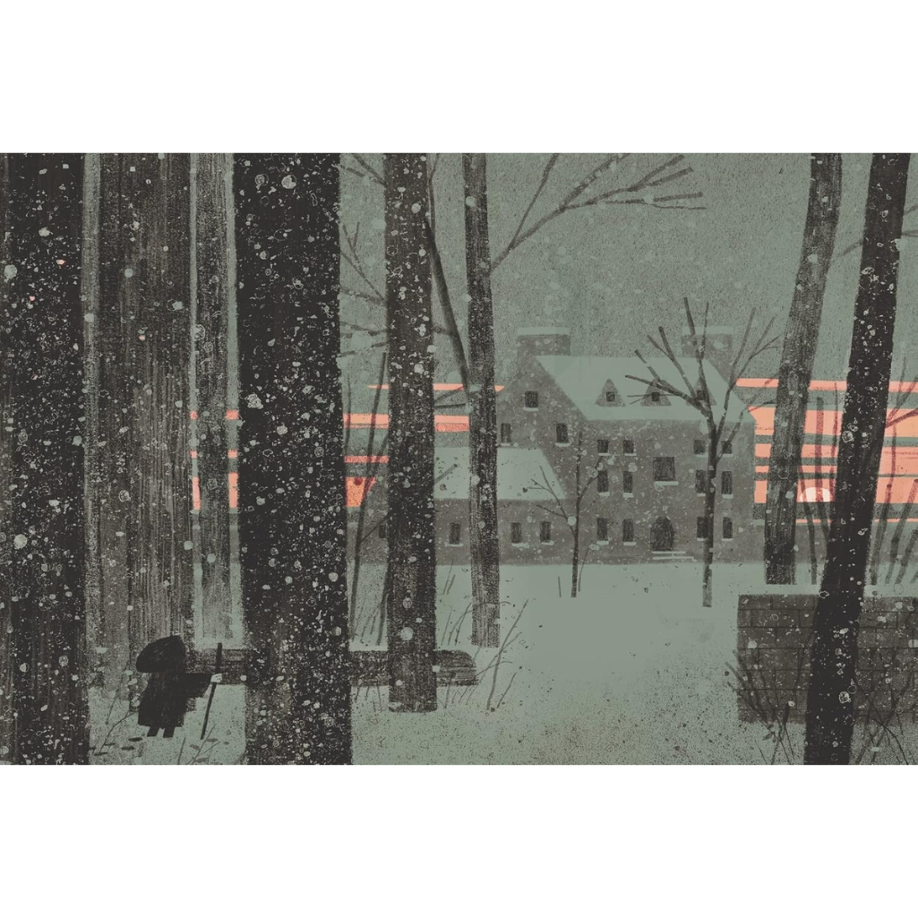 Winter scene with silhouette of a person and a house in the background