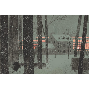 Winter scene with silhouette of a person and a house in the background