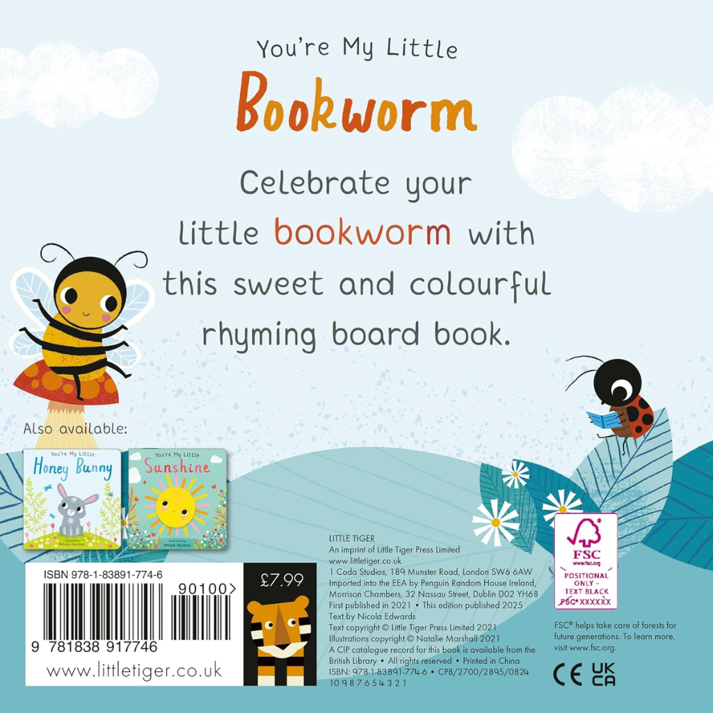 Back cover of a children's book titled 'You're My Little Bookworm' with illustrations of a bee and ladybug.