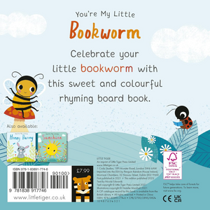 Back cover of a children's book titled 'You're My Little Bookworm' with illustrations of a bee and ladybug.