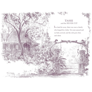 Illustration of a quaint house and garden with text about Tashi and the Silver Cup.