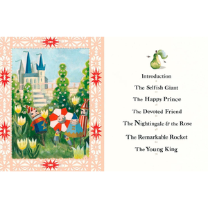 Book cover with illustrations of children in a garden and a list of stories on a white background