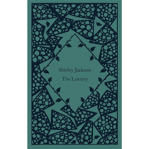 Book cover of 'The Lottery' by Shirley Jackson with decorative patterns on a teal background