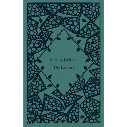 Book cover of 'The Lottery' by Shirley Jackson with decorative patterns on a teal background