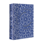 Blue book with white symbols and text on a white background