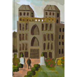 Painting of a cityscape with people and buildings, titled 'Great Expectations'.