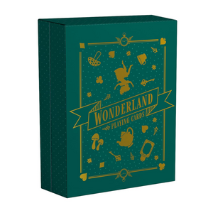 Green box of playing cards with gold illustrations and 'Wonderland' text on a white background