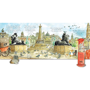 Illustrated scene with statues, a red telephone box, and text on a white background