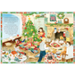 Illustrated Christmas scene with family around a tree and fireplace, featuring Santa Claus.