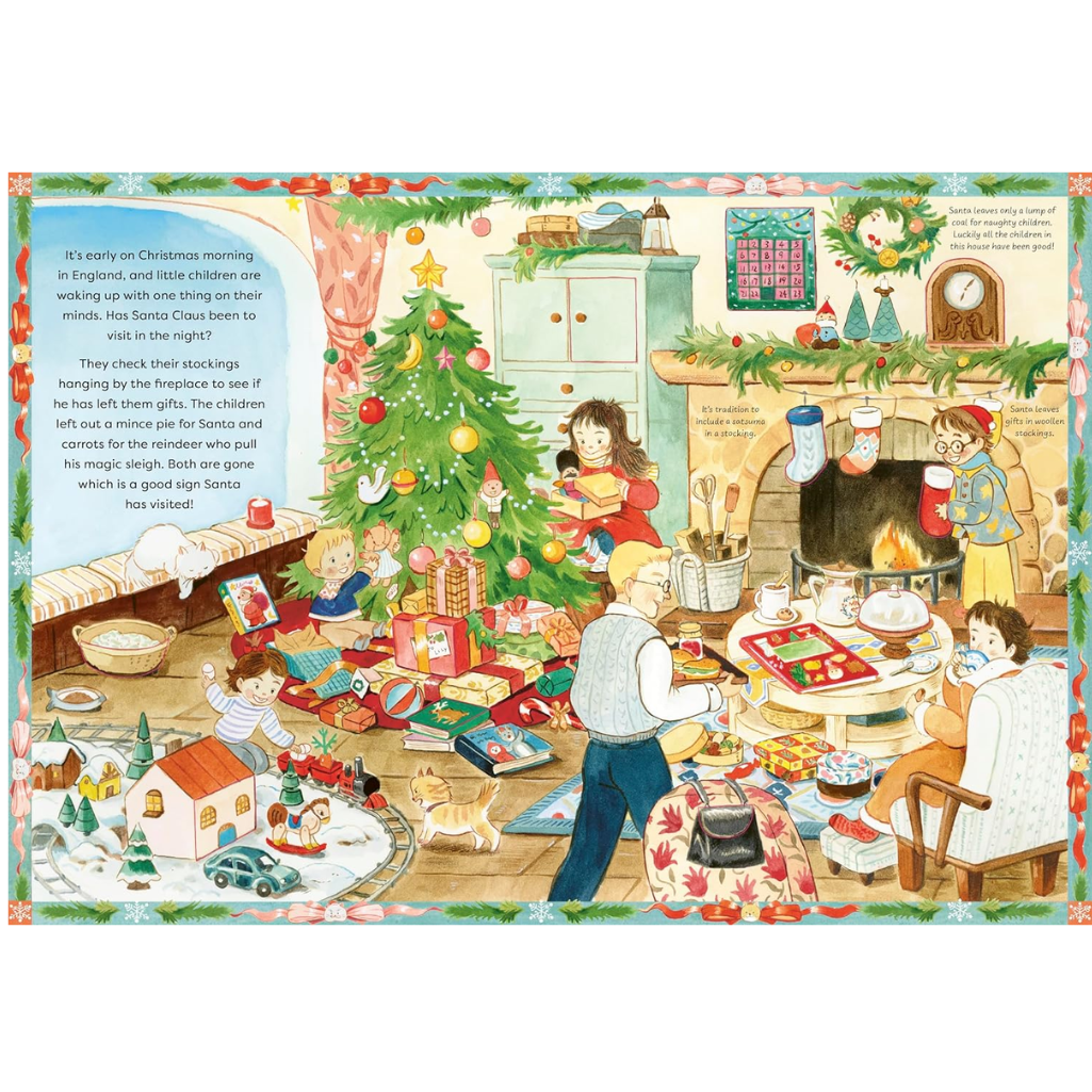 Illustrated Christmas scene with family around a tree and fireplace, featuring Santa Claus.